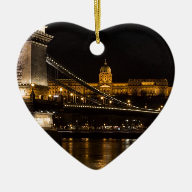 Chain Bridge with Buda Castle Hungary Budapest Ceramic Tree Decoration (Front)