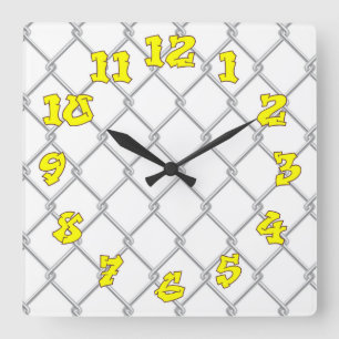 Chain Link Fence w/Graffiti Numbers Square Wall Clock