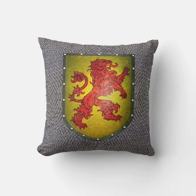 Chainmail Background  Metal Shield Red Lion Cushion (Front)