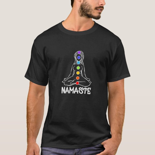 Chakra Chakras Aligned Meditation Woman Namaste Om T-Shirt (Front)