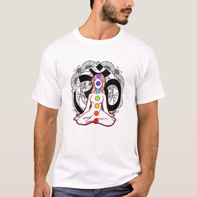 Chakra Chakras Aligned Meditation Woman Namaste Om T-Shirt (Front)