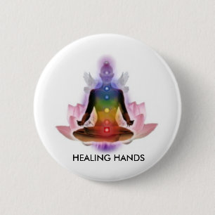 CHAKRA LOTUS PERSON, HEALING HANDS 6 CM ROUND BADGE