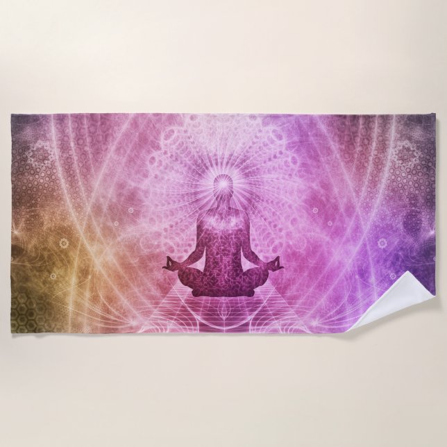 Chakra Mediation Yoga Symbol Purple Beach Towel (Front)