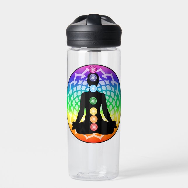 Chakra Yoga Water Bottle – Sacred Rainbow Design (Front)