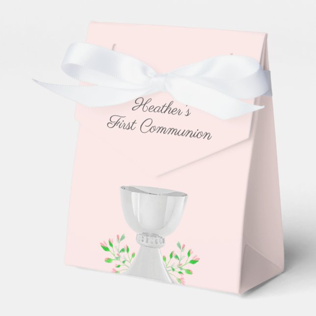 Chalice and Pink Buds Greenery First Communion Favour Box (Front Side)