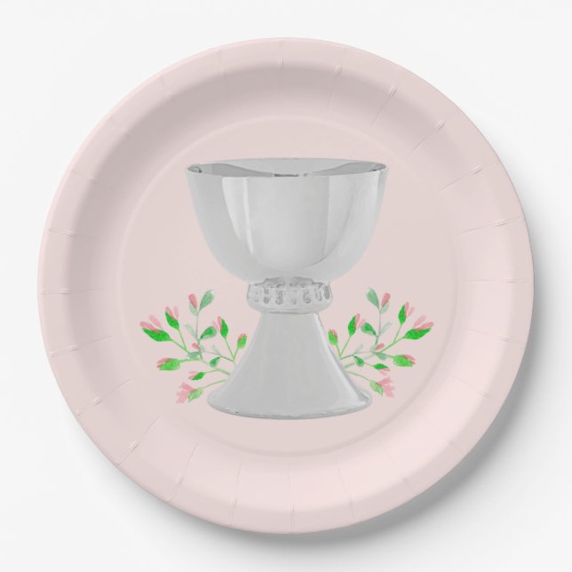 Chalice and Pink Buds Greenery First Communion Paper Plate (Front)
