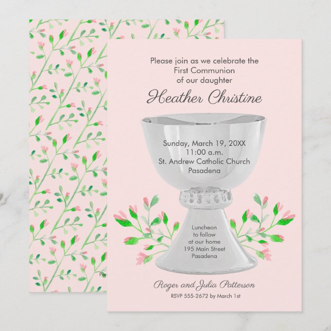 Chalice Floral Pink First Communion Invitations (Front/Back)