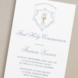 Chalice Host blue crest   First Communion Invitation