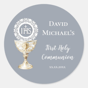 Chalice Host First Communion blue background Classic Round Sticker