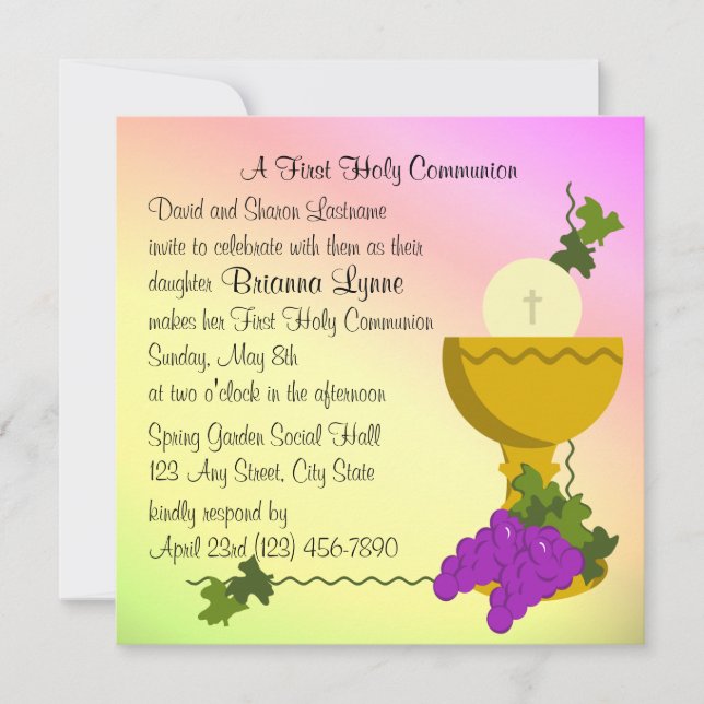 Chalis and Grapes 1st Communion Invitation (Front)