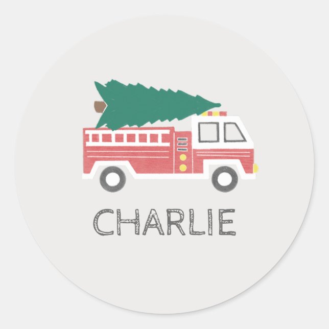 Chalk Classic Christmas Tree on a Firetruck Round Sticker (Front)