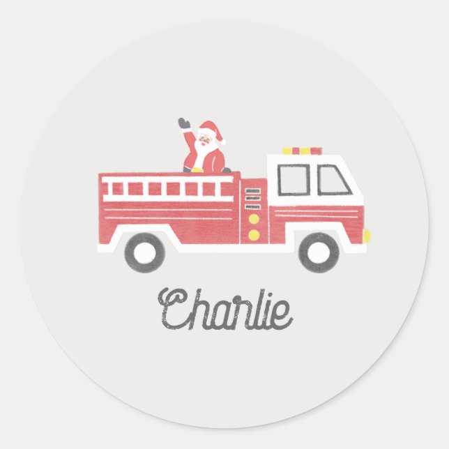 Chalk Classic Santa on a Firetruck Christmas Classic Round Sticker (Front)