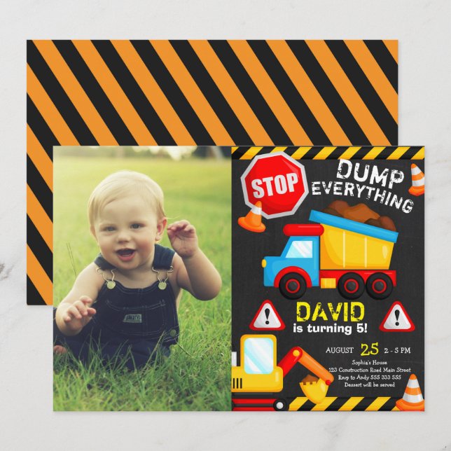 Chalk Construction Birthday Boy Truck with Photo Invitation (Front/Back)