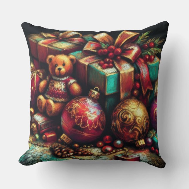 Chalk Drawing Christmas Bear Gift Candy Ornament Cushion (Front)