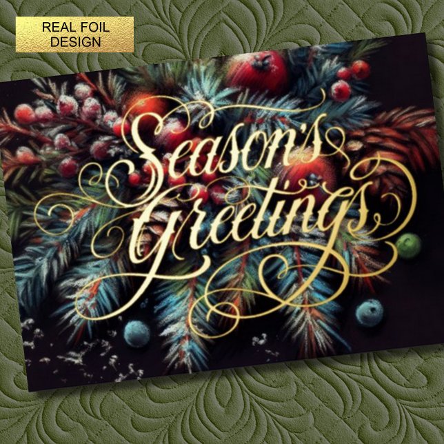 Chalk Drawing Christmas Floral Season's Greetings Foil Holiday Card (Creator Uploaded)
