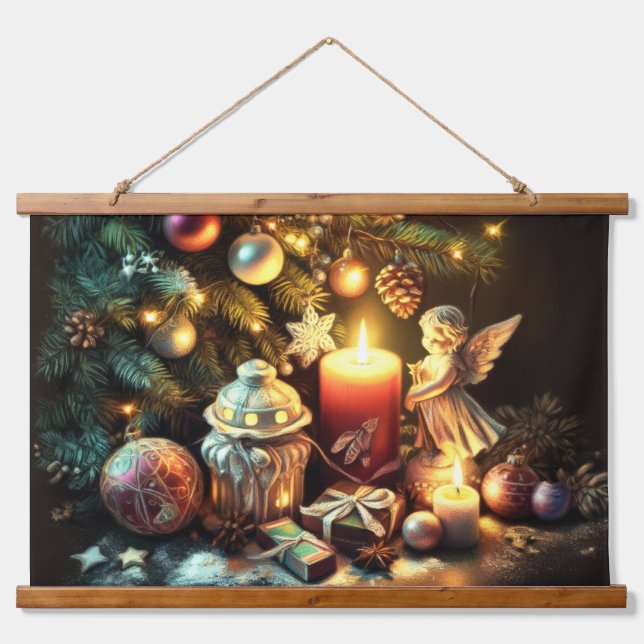 Chalk Drawing Christmas Tree Candle Angel Hanging Tapestry (Front)
