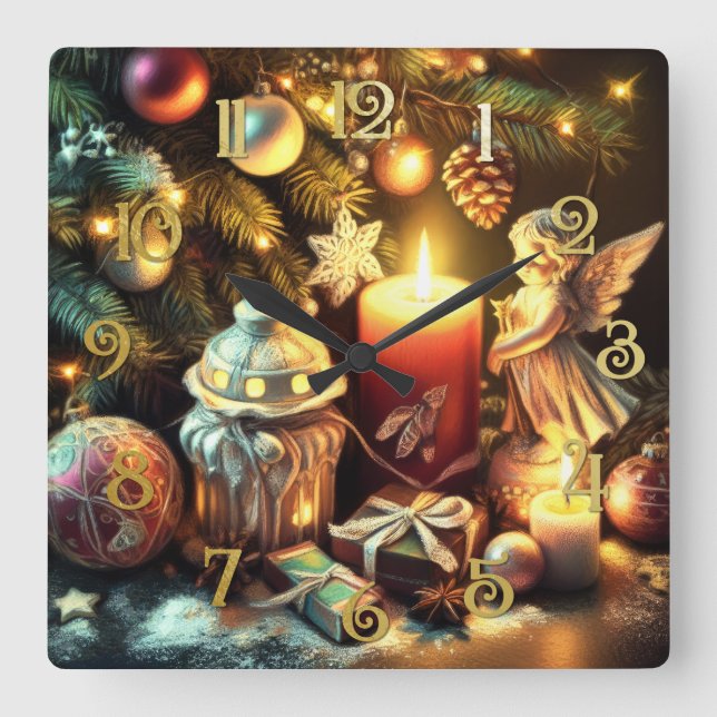 Chalk Drawing Christmas Tree Candle Angel Square Wall Clock (Front)