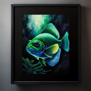 Chalk Drawing of Fish on Black Poster