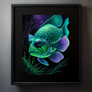 Chalk Drawing of Fish on Black Poster