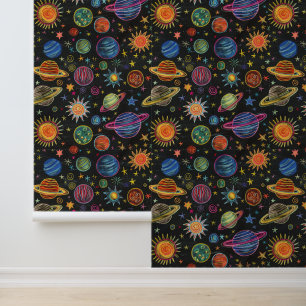 Chalk drawing of solar system on black board wallpaper