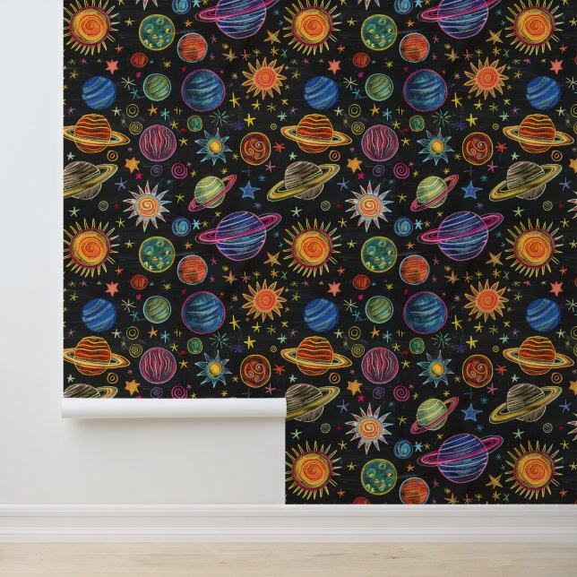 Chalk drawing of solar system on black board wallpaper (Application)