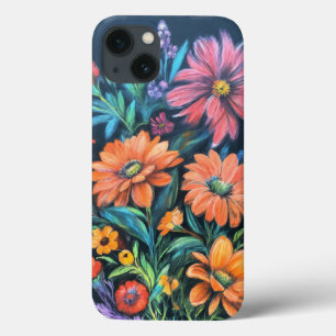 Chalk Drawing of Vibrant Flowers – Artistic Floral iPhone 13 Case