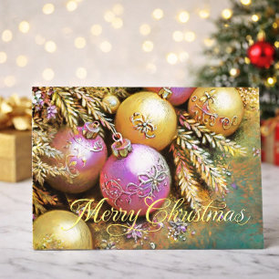 Chalk Drawing Pink and Gold Christmas Ornaments Card