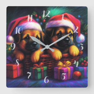 Chalk Drawing Two Cute Puppies in Santa Hats Square Wall Clock