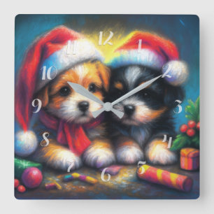 Chalk Drawing Two Cute Puppies in Santa Hats Square Wall Clock