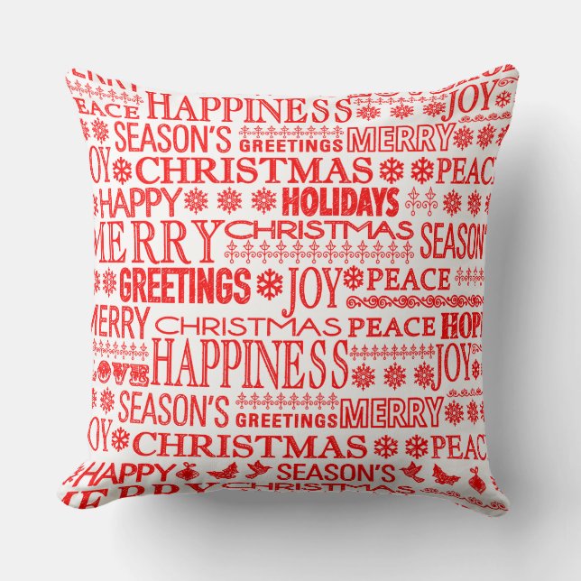 Chalk Drawn Christmas Greeting In Red And White Cushion (Front)