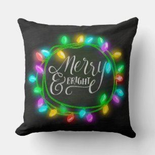 Chalk Drawn Merry and Bright with Lights Cushion