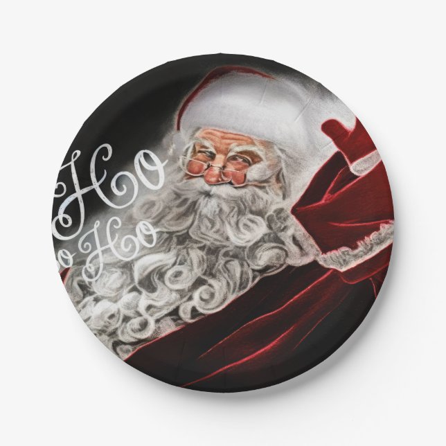 Chalk Drawn Santa Ho Ho Ho Holiday Paper Plate (Front)