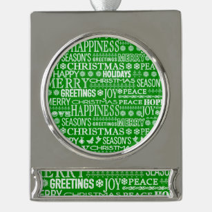 Chalk Drown Christmas Greeting In Green And White Silver Plated Banner Ornament