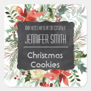 Chalk Floral Holiday Christmas Bakery Baked Cookie Square Sticker
