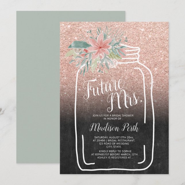 Chalk floral mason jar glitter bridal shower invitation (Front/Back)