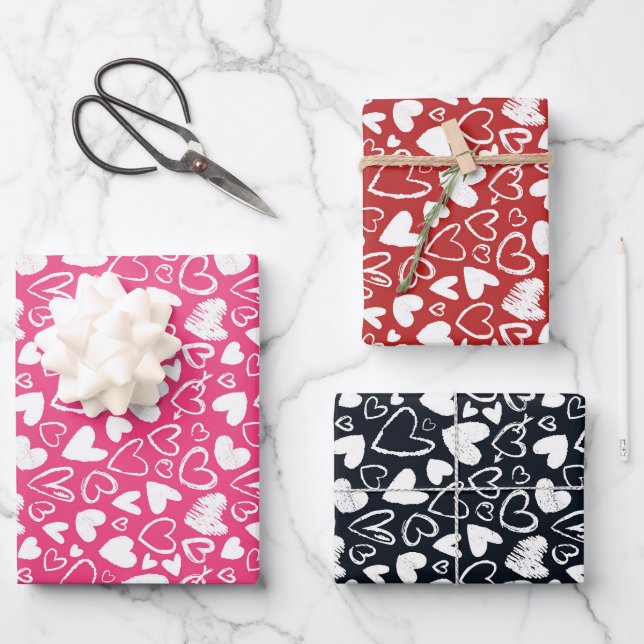 Chalk Heart Doodle Cute Valentine's Day Pattern Wrapping Paper Sheet (Front)