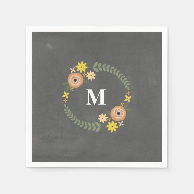 Chalk Inspired Monogram Wreath Wedding Napkins (Front)