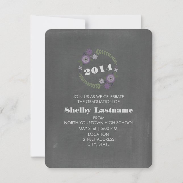 Chalk Inspired Purple Floral Wreath Graduation Invitation (Front)