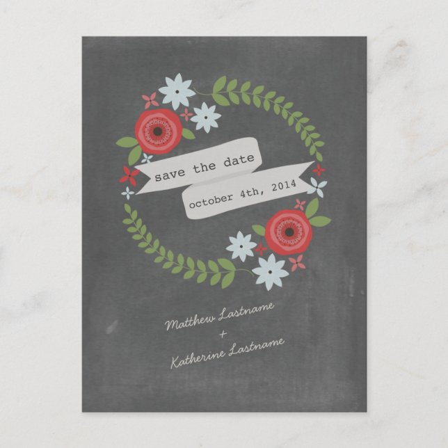 Chalk Inspired Wreath & Banner Save The Date Announcement Postcard (Front)