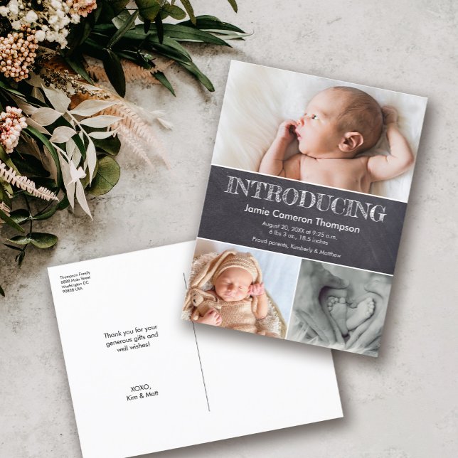  Chalk Introducing Baby Photos Birth Announcement (Introducing baby birth stats chalkboard design classic thank you postcard)