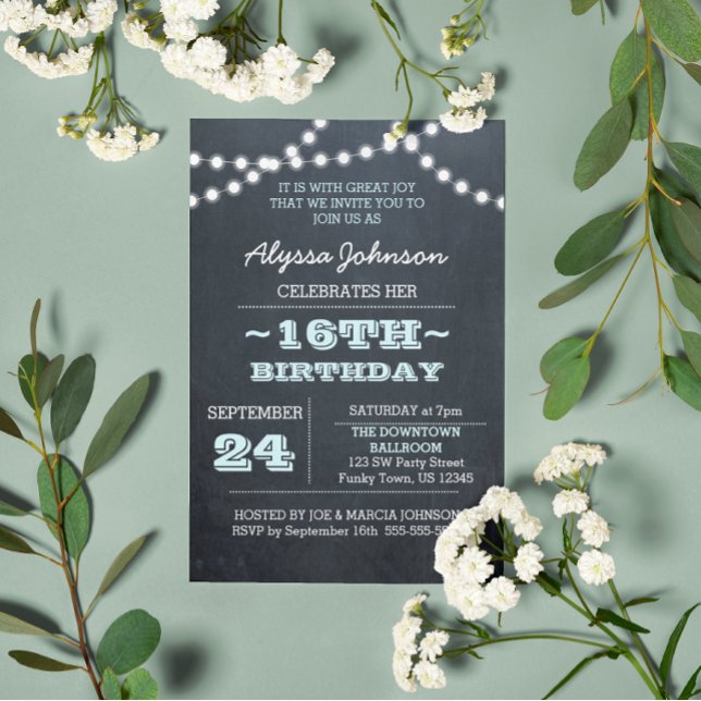 Chalk Lights Aqua 16th Birthday Invitation (Creator Uploaded)