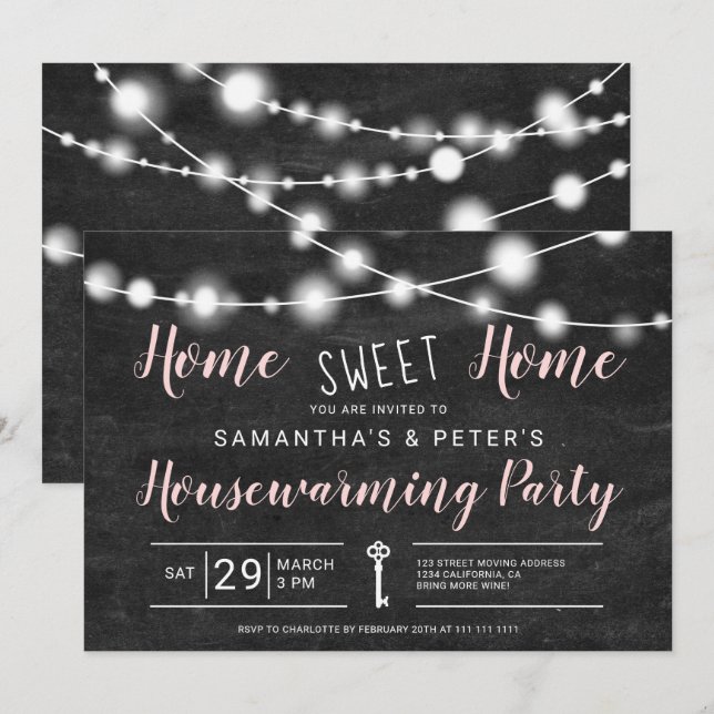 Chalk lights home sweet home housewarming party invitation (Front/Back)