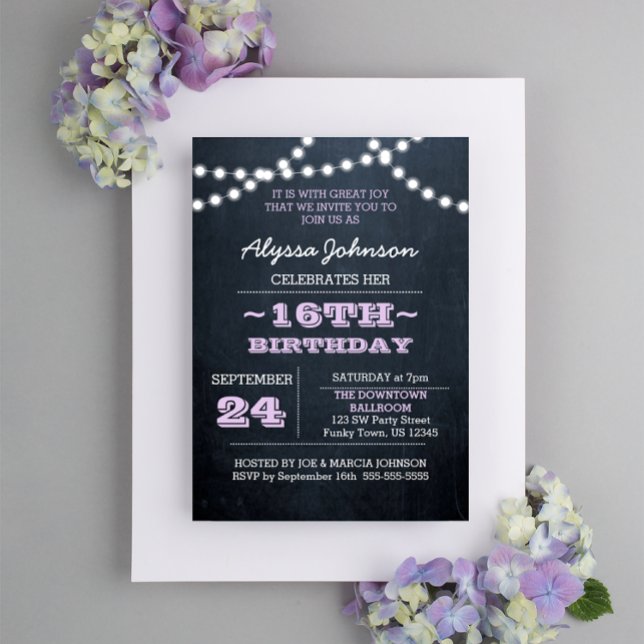 Chalk Lights Lavender 16th Birthday Sm Invitation (Creator Uploaded)