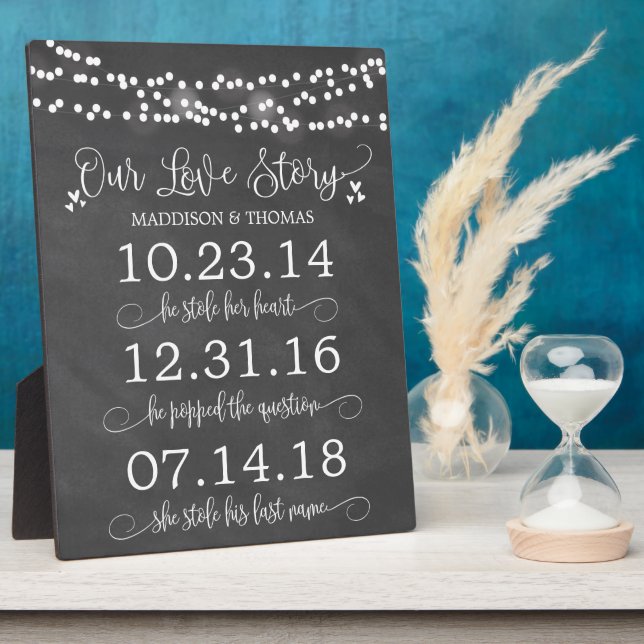Chalk Lights Our Love Story Timeline Wedding Decor Plaque (Side)
