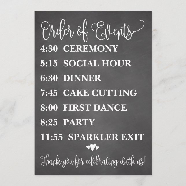Chalk Order of Events Wedding Schedule Sign Menu (Front)