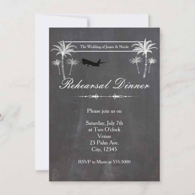Chalk Palm Tree Destination Wedding Rehearsal Card (Front)