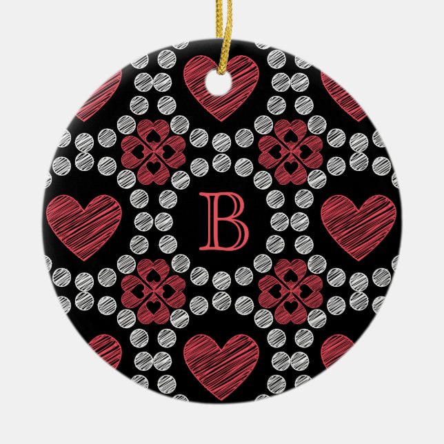 Chalk Style Hearts And Circles With Monogram Ceramic Tree Decoration (Front)