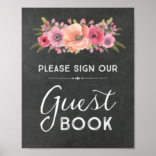 Chalk Watercolor Floral Guest Book Wedding Sign (Front)