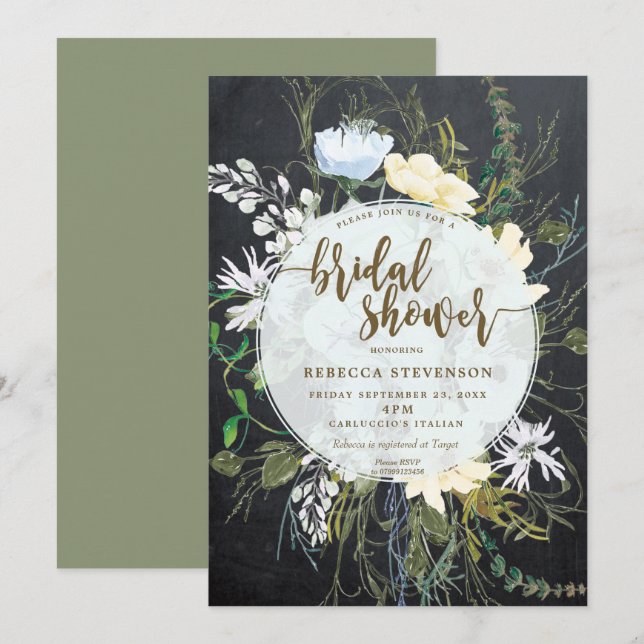 chalk wild flower floral bridal shower invitation (Front/Back)