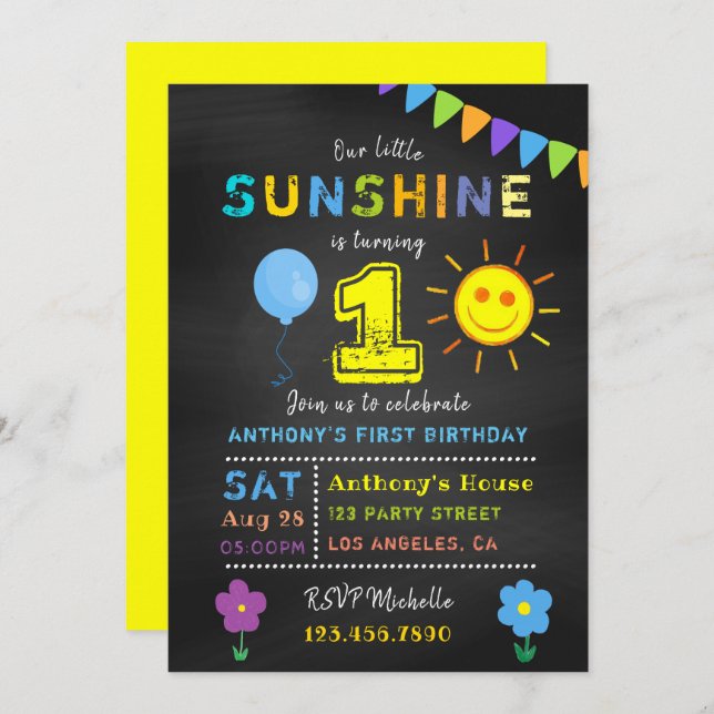 Chalkboard 1st Birthday Little Sunshine Boy Party Invitation (Front/Back)